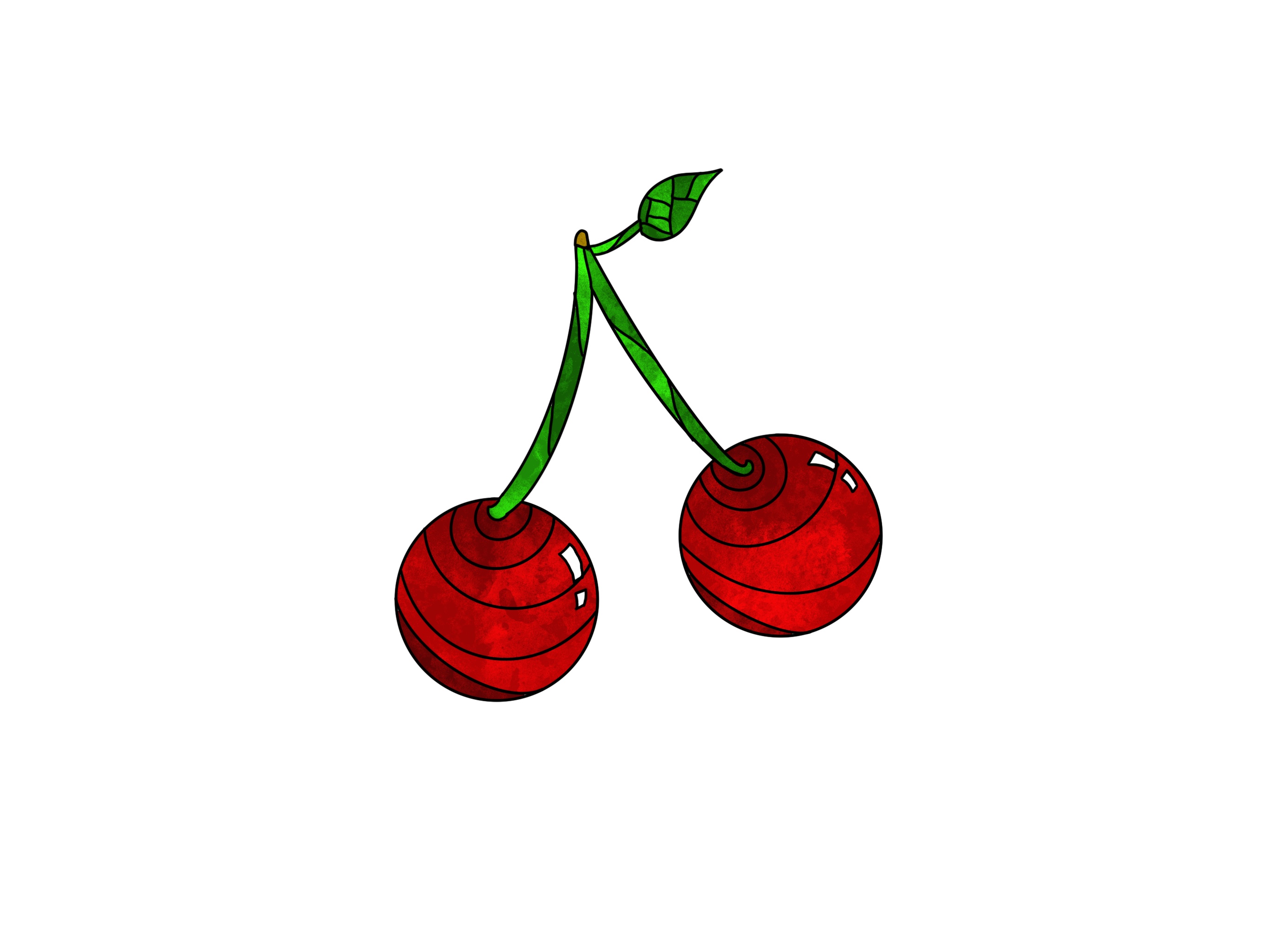 Stained glass image of two cherries attached to a stem