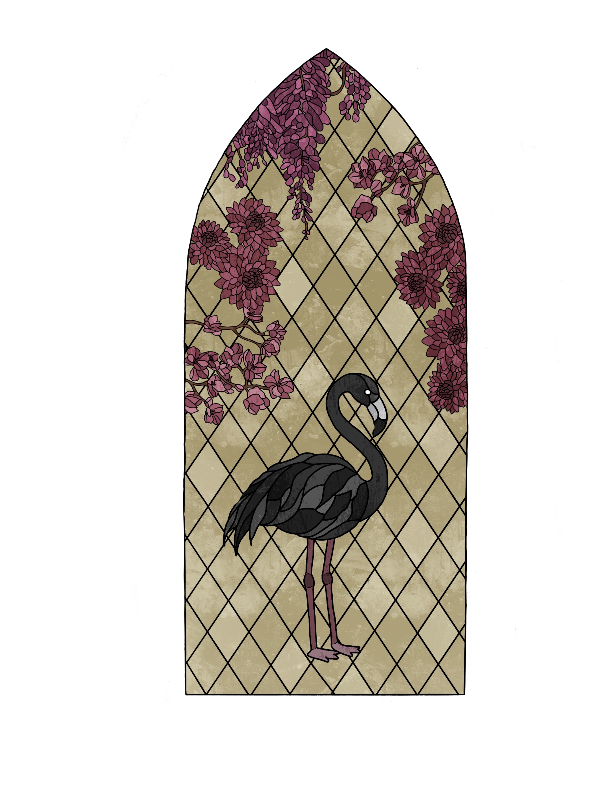 Black flamingo in front of diamond patterned window stained glass