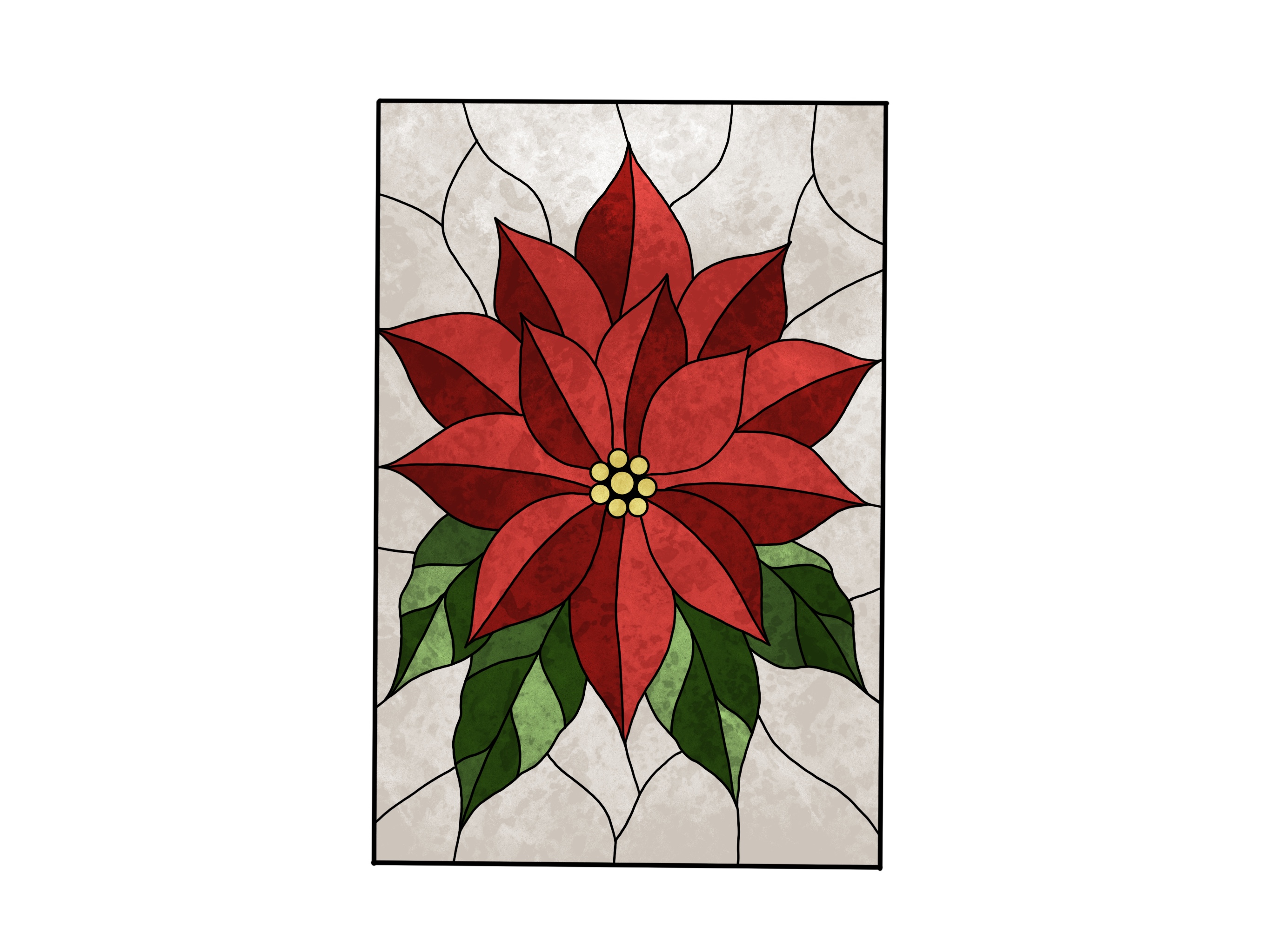 Red poinsettia with leaves stained glass