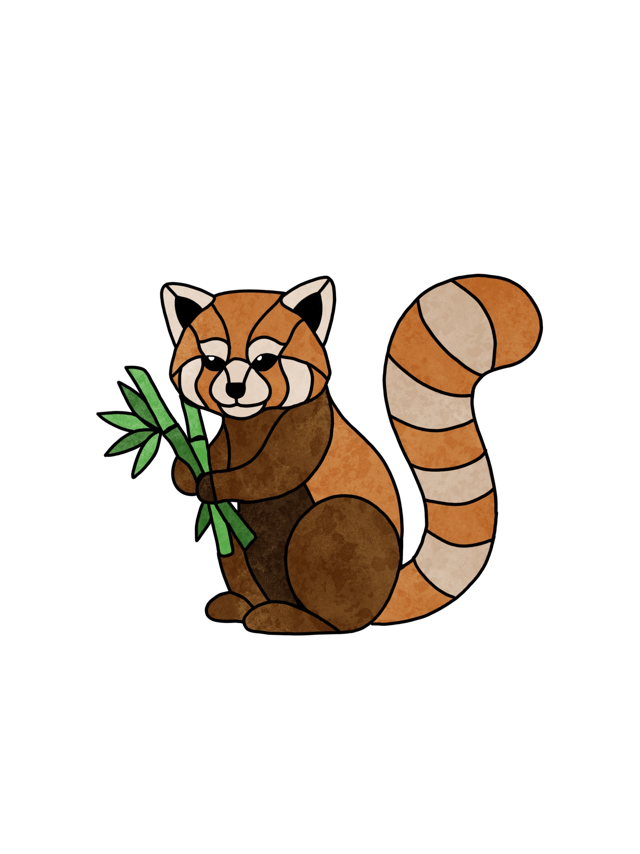 Stained glass of a red panda holding bamboo